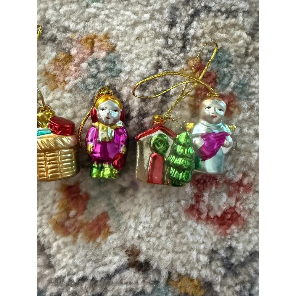 Vintage Mercury Glass Christmas Ornaments Set 4‎ Snowman Angel Cottage Miniature